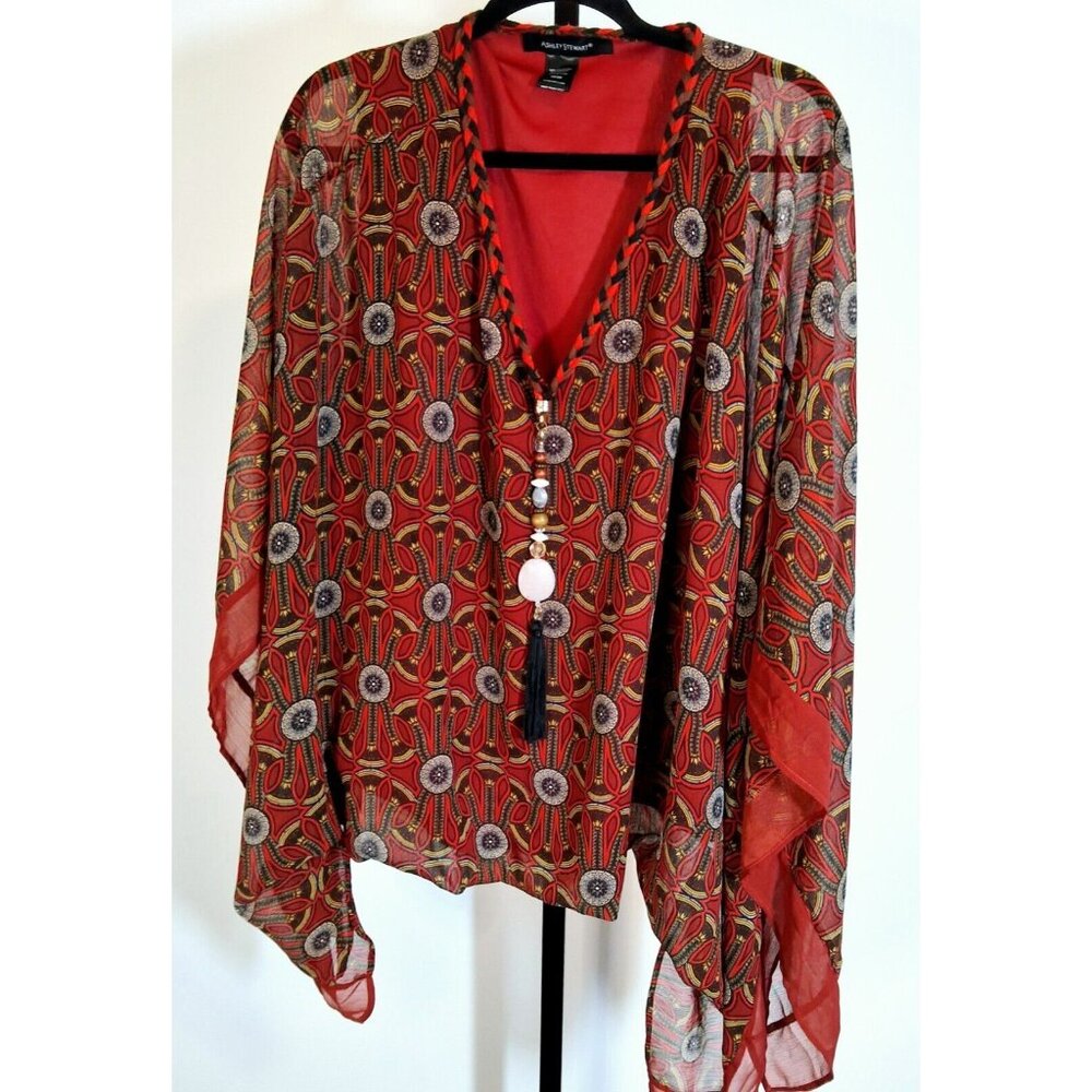 Ashley Stewart Pullover Kimono Sleeve Top - Red Multi - SZ 18/20